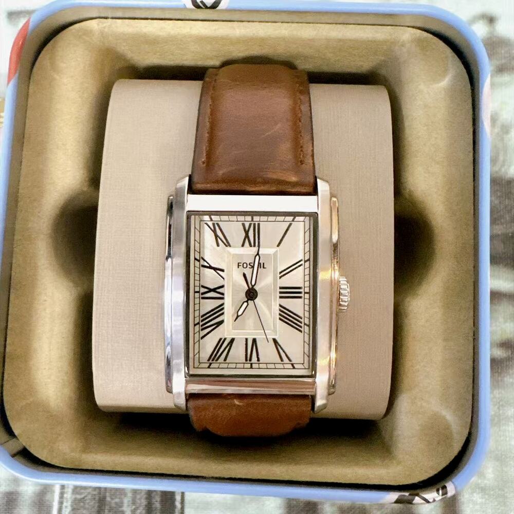 Fossil FS6012 Carraway Silver‑Tone Rectangular Men Dress Watch Brown Leather